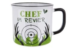 Gilde 46908 Keramik Tasse "CHEF IM REVIER" Grün Weiß Emaille-Design Ca. 390ml